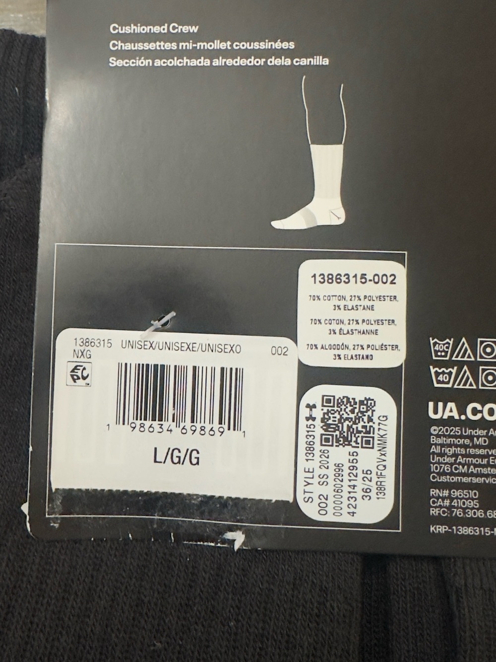 Under Armour Unisex 6-Pack Black Cushioned-Crew Socks (NWT) - Picture 2 of 2